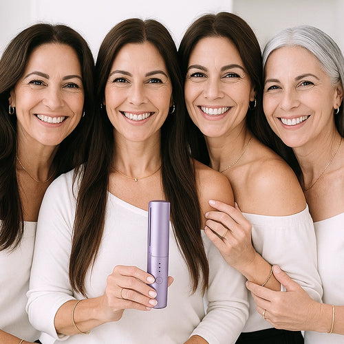 Foto de 4 mulheres felizes com seus cabelos lisos exibindo o Pente Alisador de Cabelo 5 em 1 Sem Fio InfiniteGlam