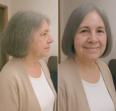 Resultado da cliente Dalva, 68 usando o Pente Alisador de Cabelo 5 em 1 Sem Fio InfiniteGlam