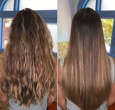 Resultado da cliente Denise, 43 usando o Pente Alisador de Cabelo 5 em 1 Sem Fio InfiniteGlam