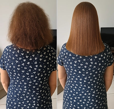 Resultado da cliente Edna, 55 usando o Pente Alisador de Cabelo 5 em 1 Sem Fio InfiniteGlam