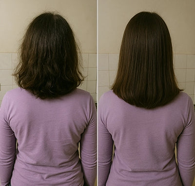 Resultado da cliente Elaine, 50 usando o Pente Alisador de Cabelo 5 em 1 Sem Fio InfiniteGlam