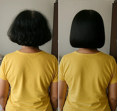 Resultado da cliente Maria, 57 usando o Pente Alisador de Cabelo 5 em 1 Sem Fio InfiniteGlam