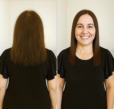 Resultado da cliente Sonia, 49 usando o Pente Alisador de Cabelo 5 em 1 Sem Fio InfiniteGlam
